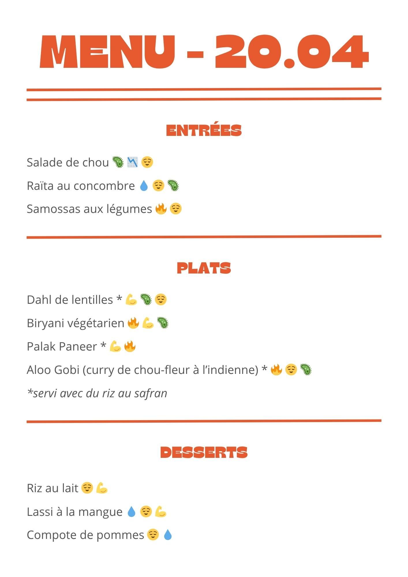 Menu semaine 20 avril 2026