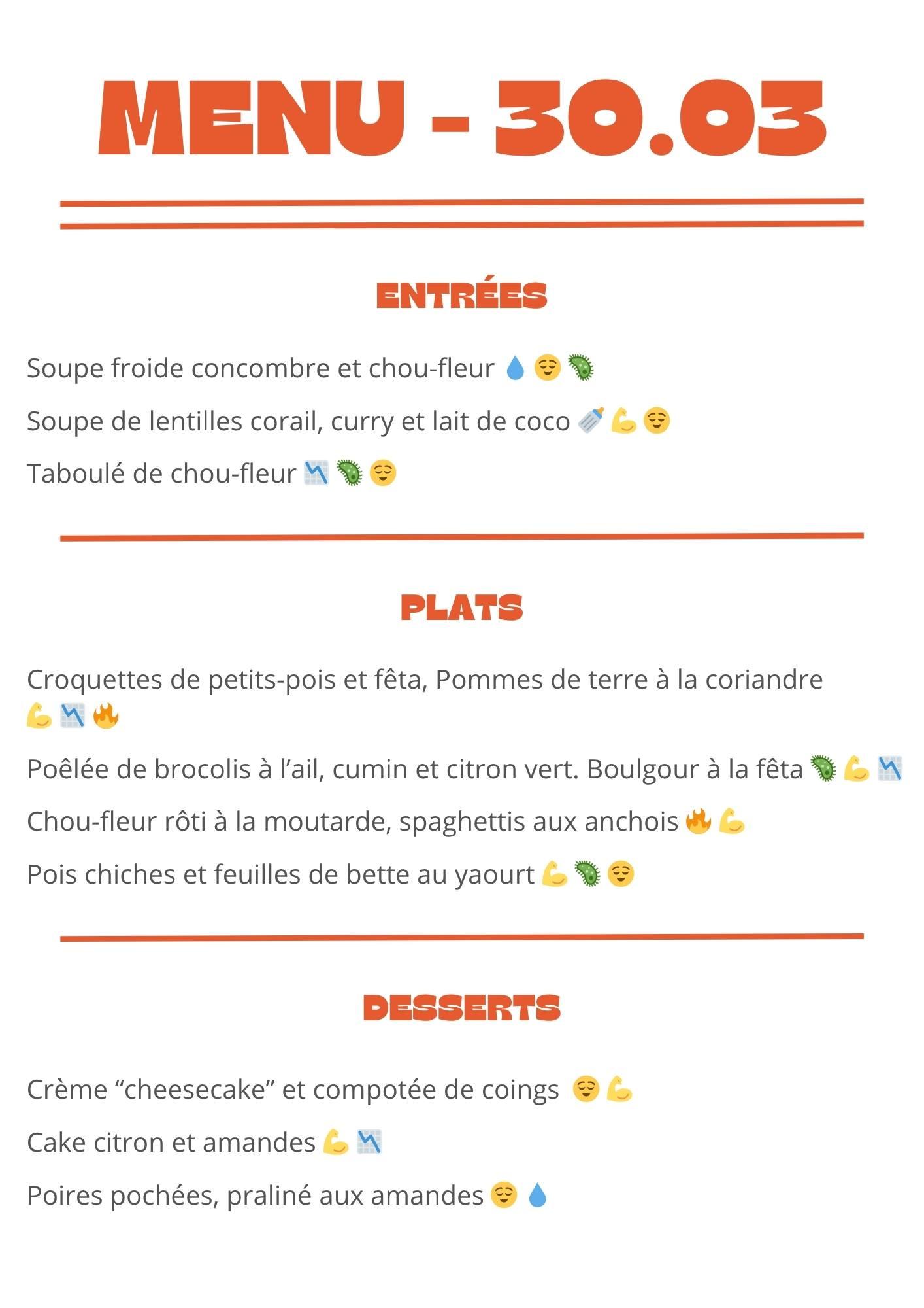 Menu semaine 30 mars 2026